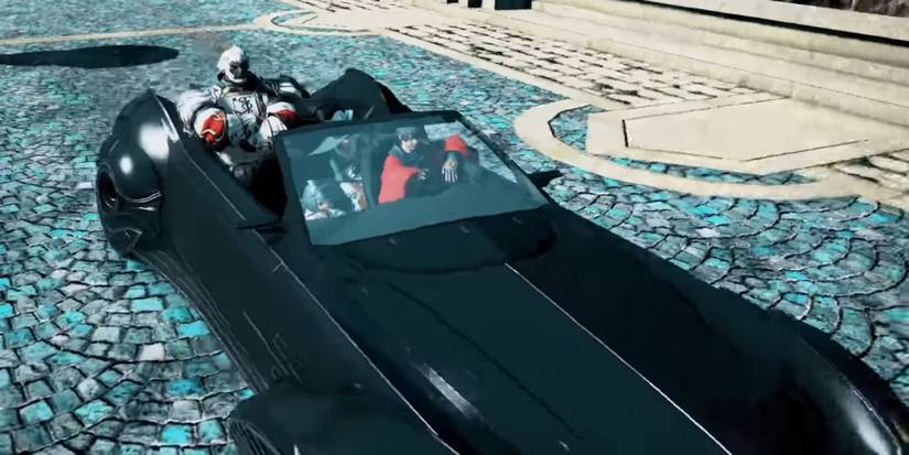 Characters sitting in car. 