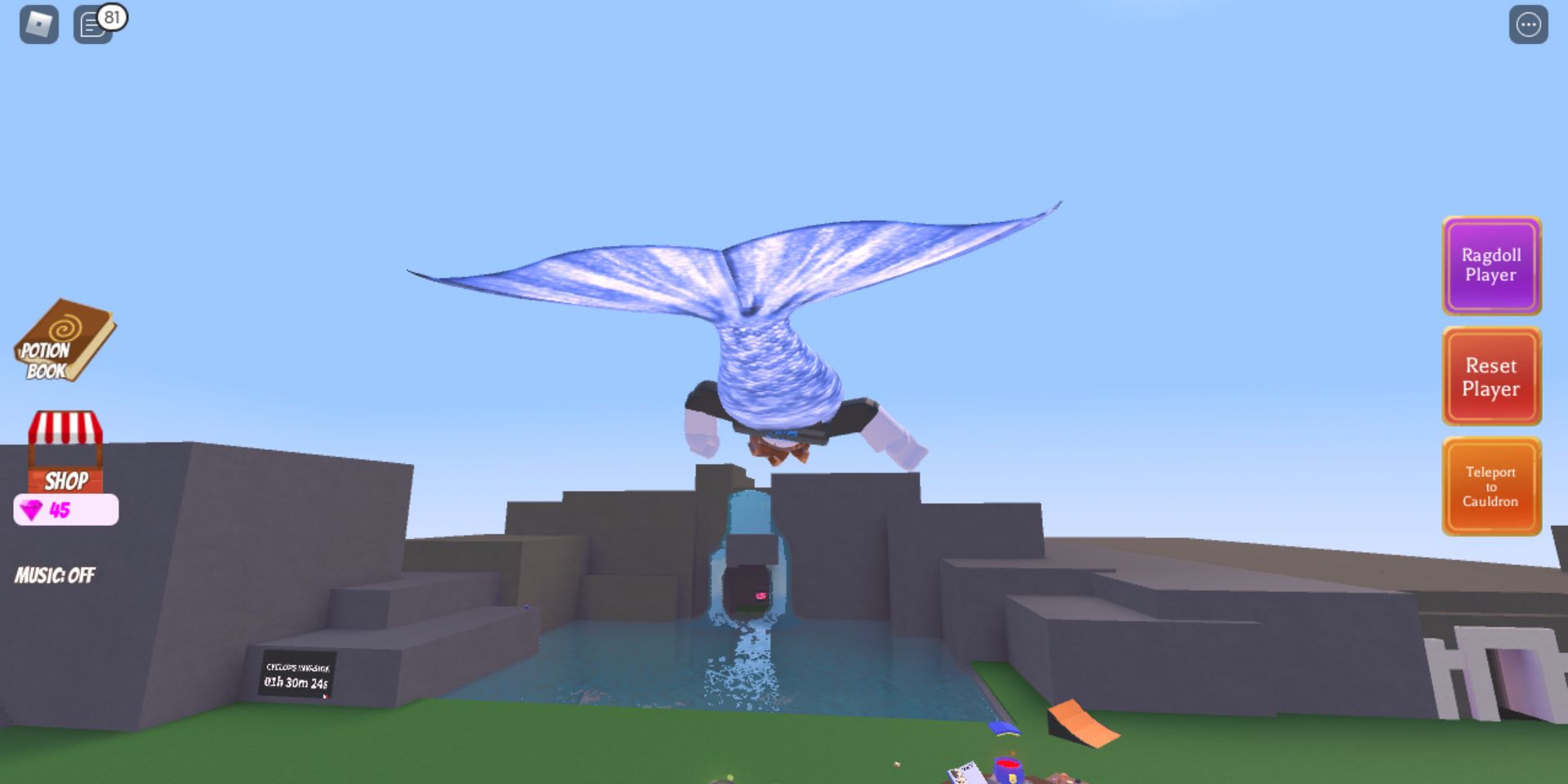 flying as a mermaid in Roblox Wacky Wizards