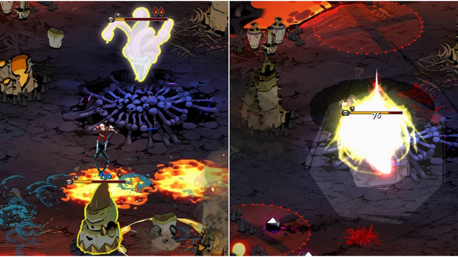 Left: megagorgon and Skull-Crusher; right: Zagreus punching the gorgon