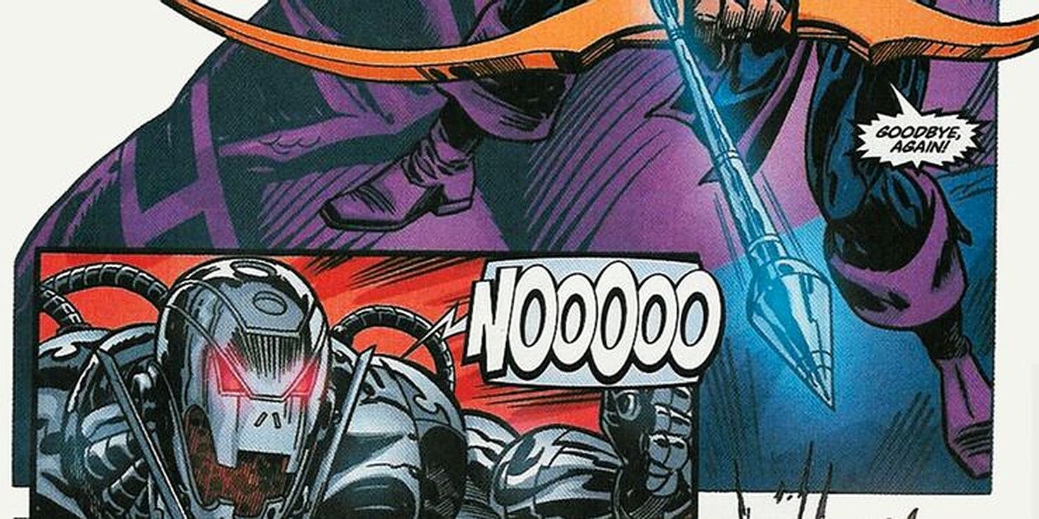 Hawkeye uses his vibranium arrow against Ultron