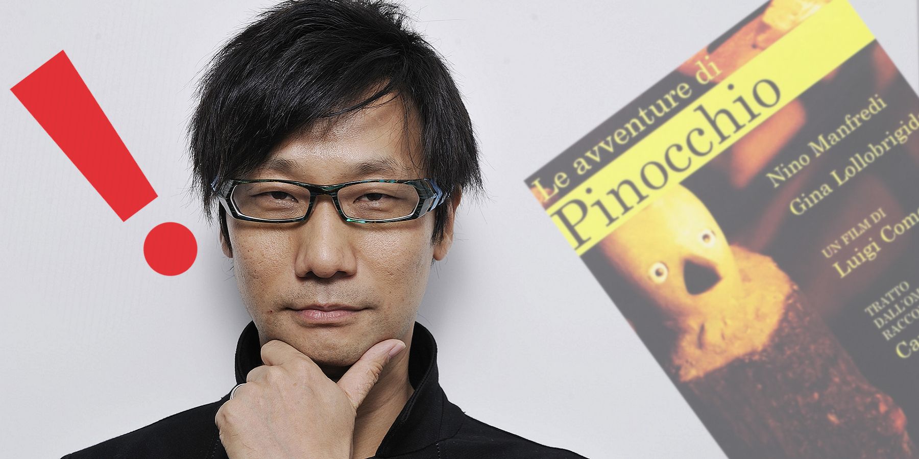 Photo of Hideo Kojima with a faded Pinocchio movie poster to one side.