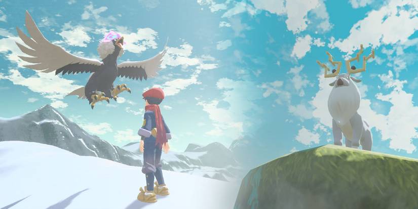 Hisuian Braviary, a Pokemon trainer, and Wyrdeer from Pokemon Legends: Arceus.