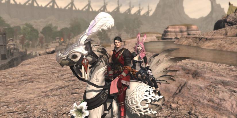 Couple sitting on ceremony chocobo. 