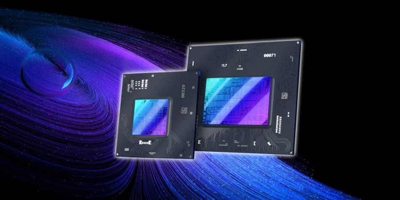 A flashy image showing two Intel graphics chips from its upcoming Alchemist range.