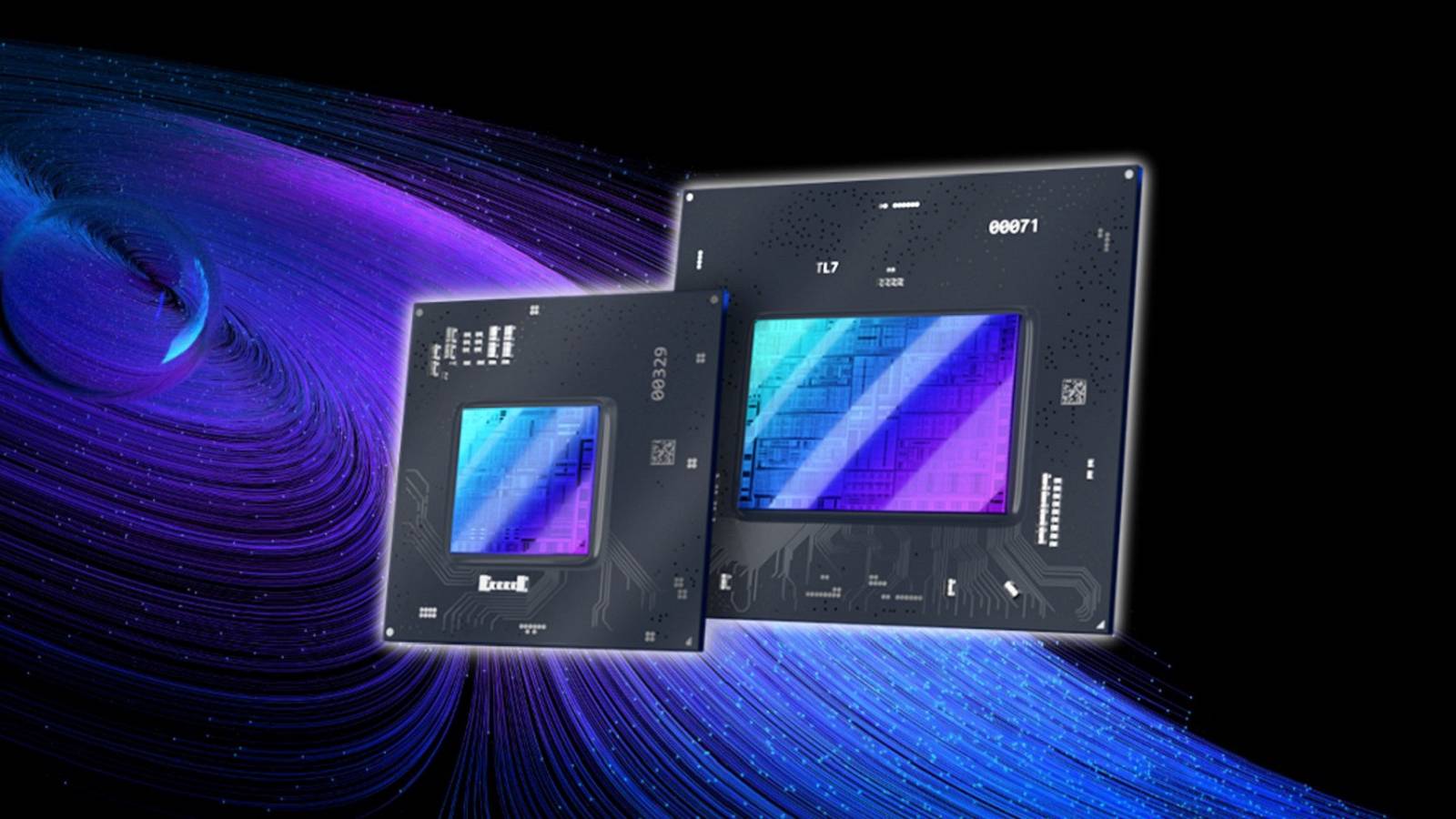 A flashy image showing two Intel graphics chips from its upcoming Alchemist range.