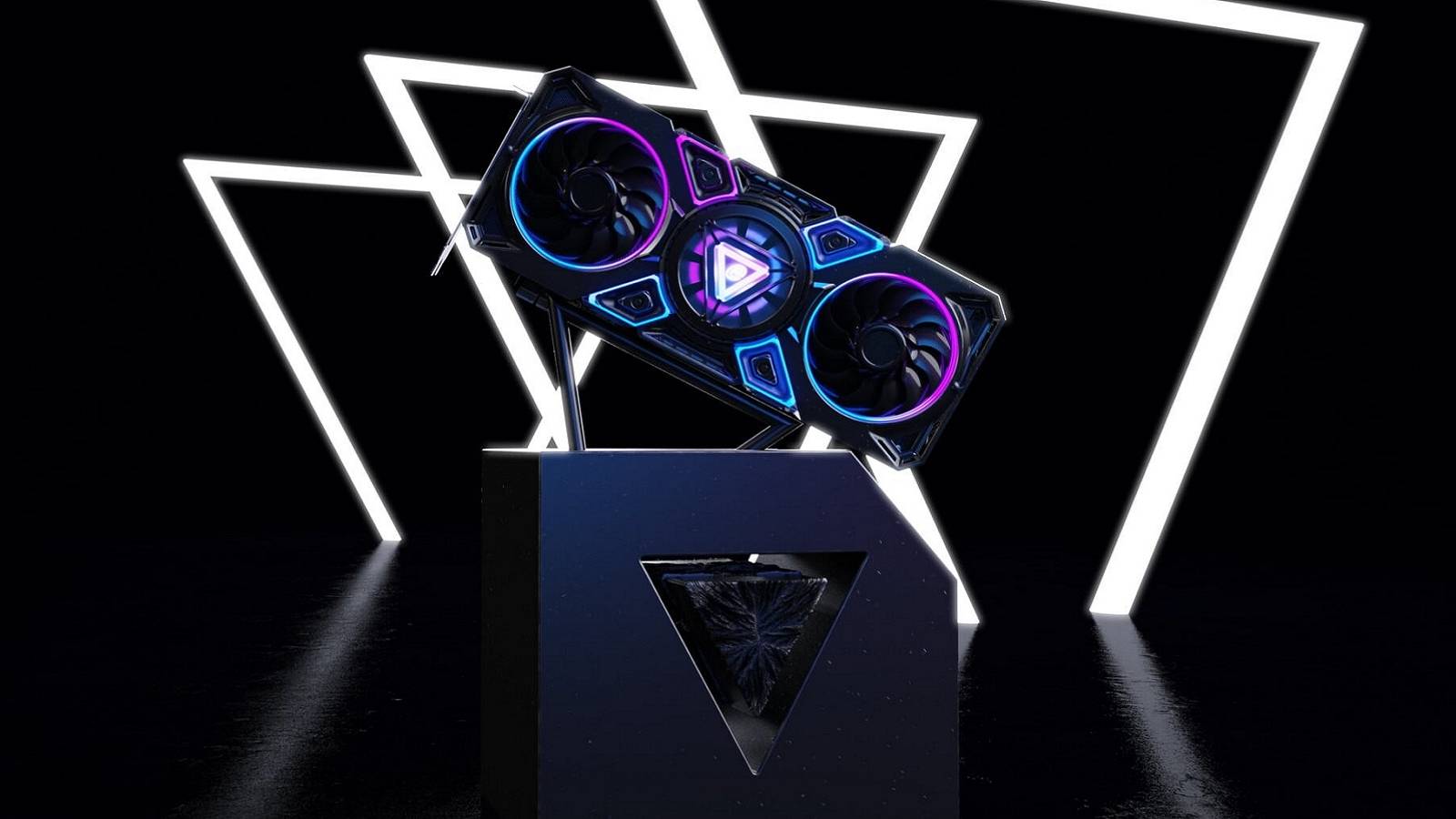 Image showing an Intel Arc GPU balancing on a plinth with white neon lights in the background.