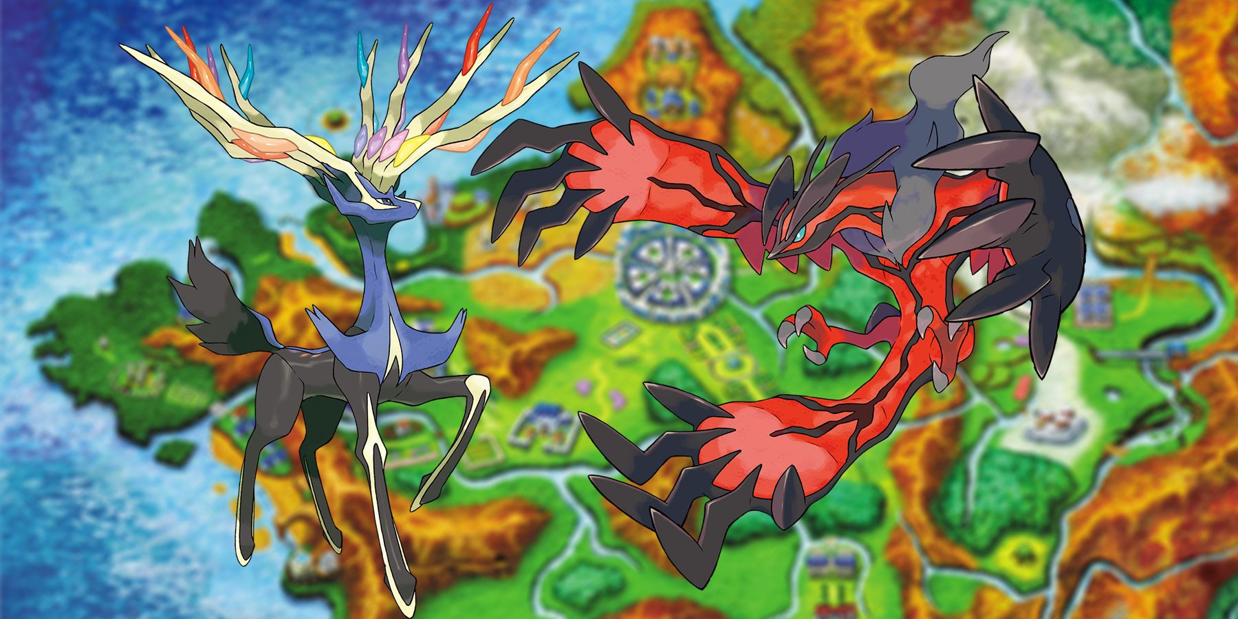 A map of the Kalos region from Pokemon X and Pokemon Y with the mascot Pokemon Xerneas (left) and Yveltal (right) in the foreground.