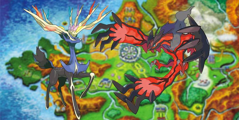A map of the Kalos region from Pokemon X and Pokemon Y with the mascot Pokemon Xerneas (left) and Yveltal (right) in the foreground.