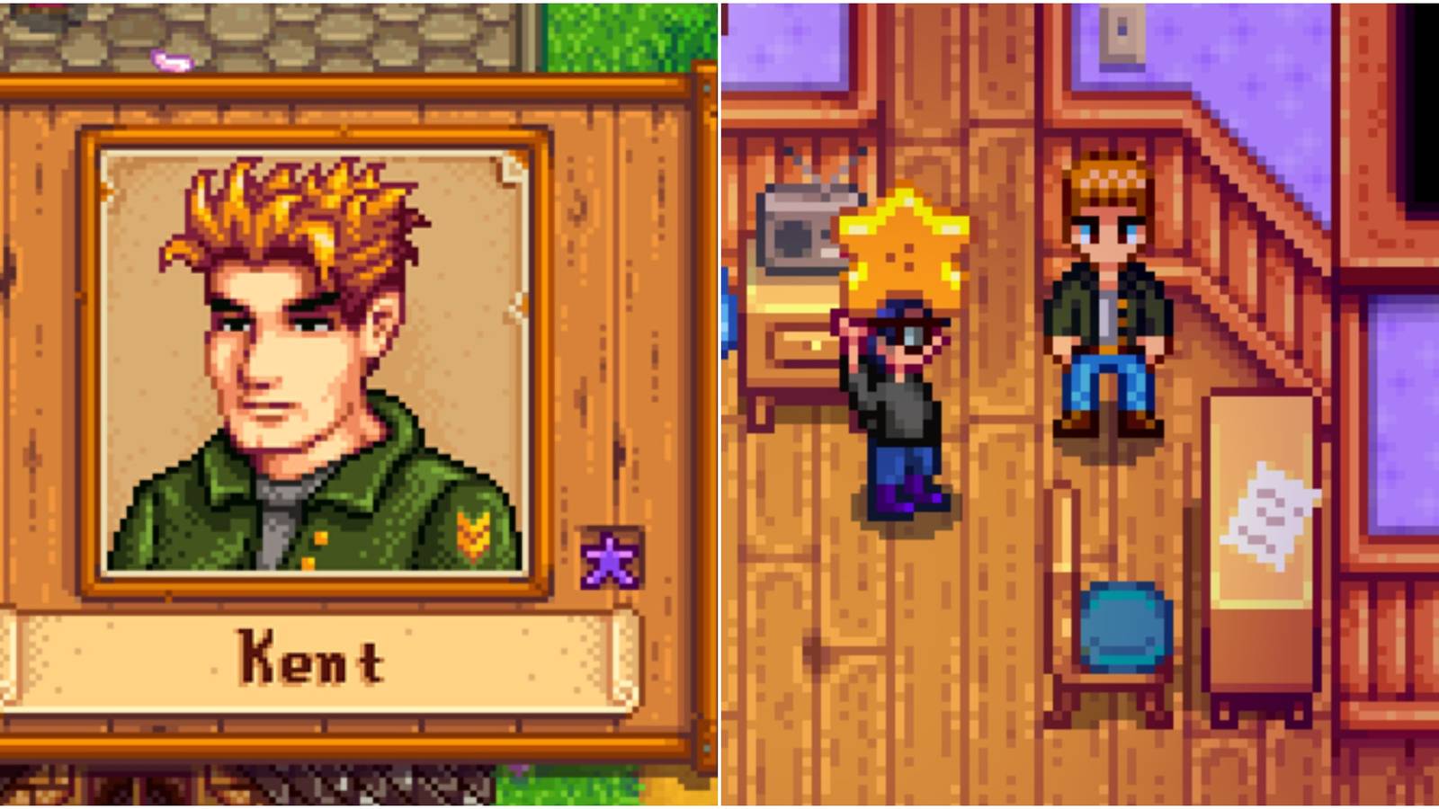 Left: Kent's portrait; right: player giving Kent a starfruit