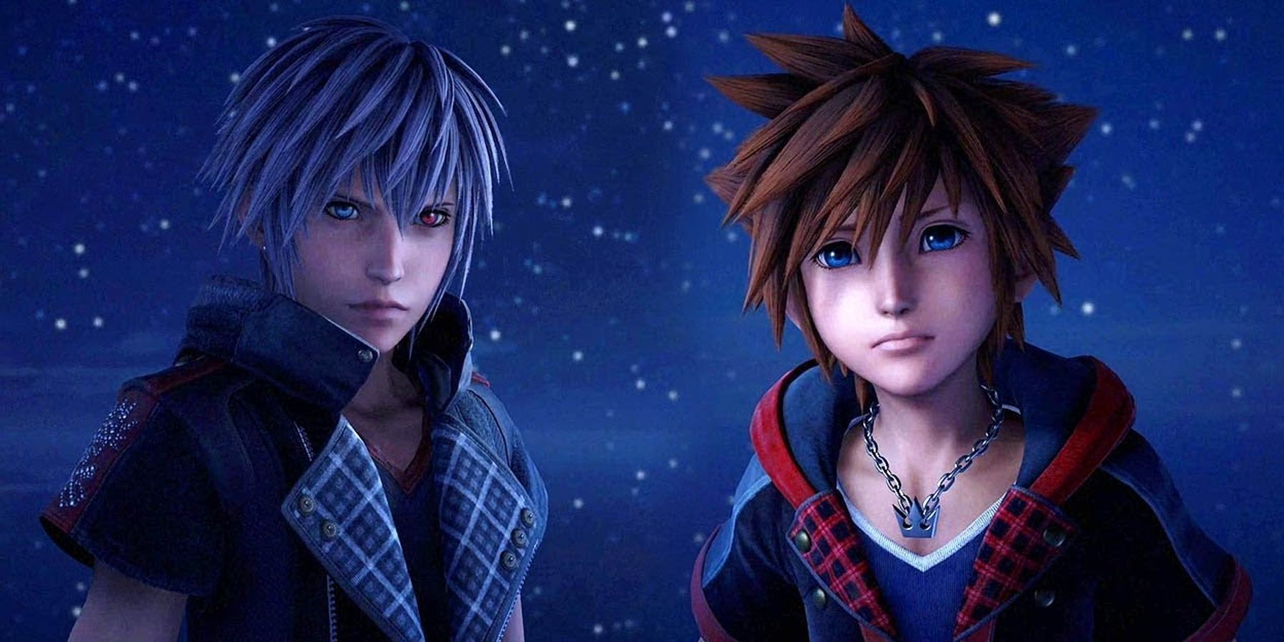 Sora and Yozora from Kingdom Hearts 3 stand in front of a starry night sky.