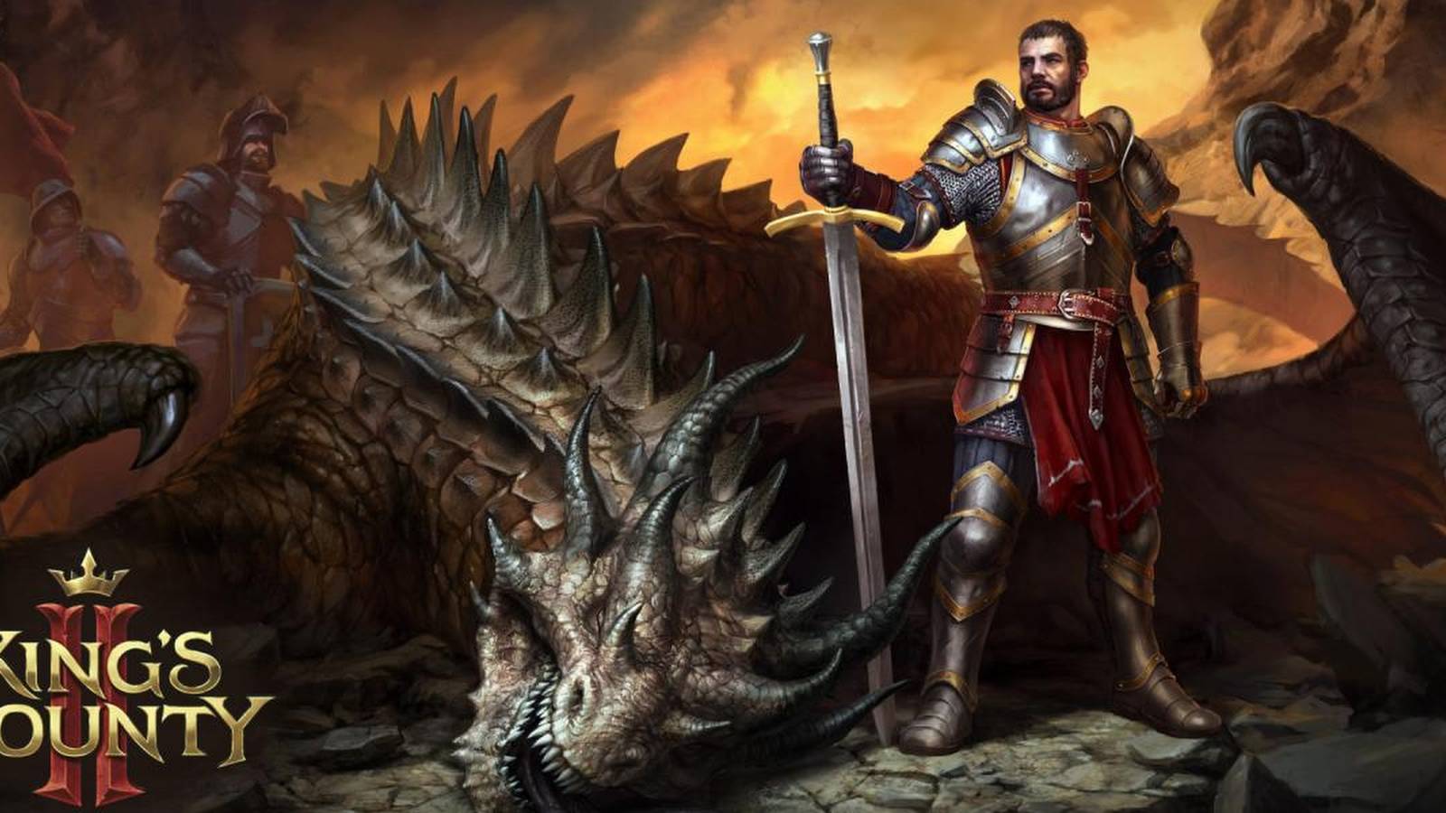 king's bounty 2 protagonist in front of slain dragon