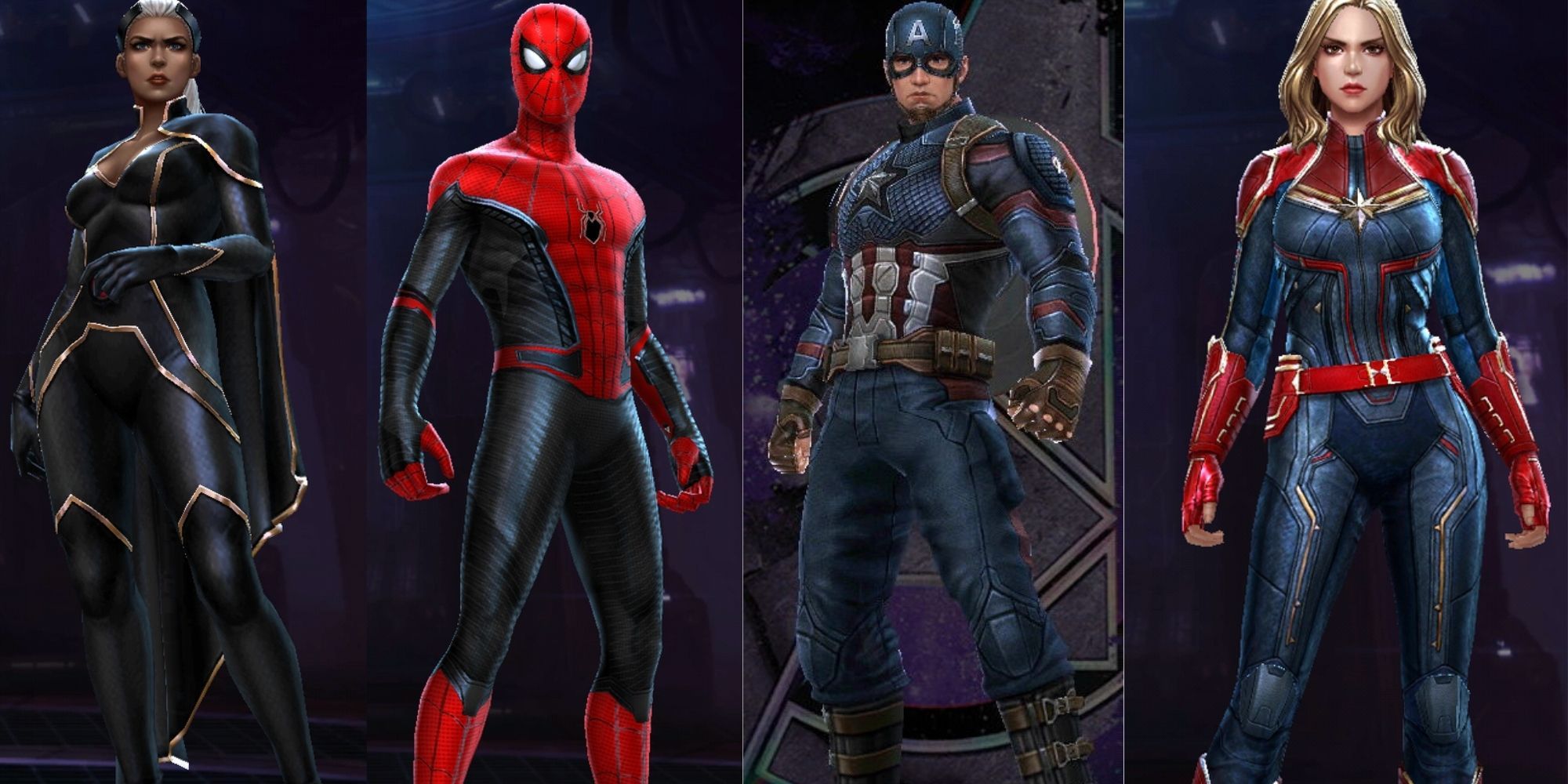 Split image of Storm, Spider-Man, Captain America, and Captain Marvel character models from Marvel Future Revolution.