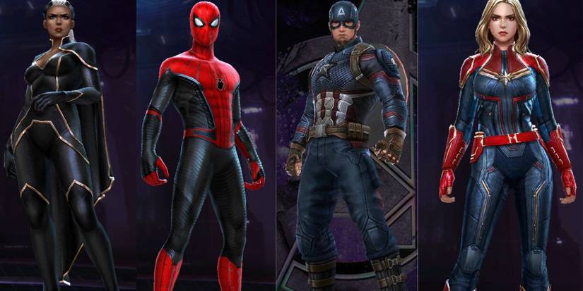 Split image of Storm, Spider-Man, Captain America, and Captain Marvel character models from Marvel Future Revolution.