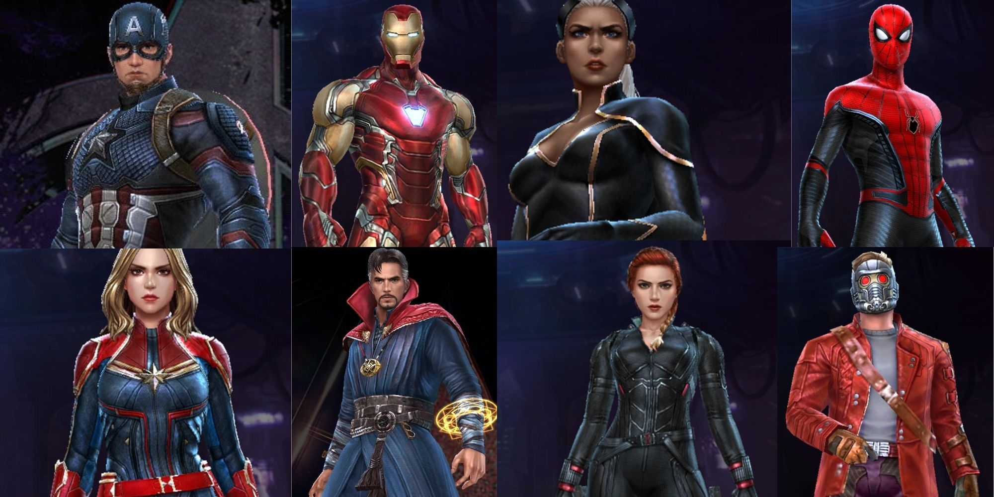 Split image of Captain America, Storm, Black Widow, Iron Man, Captain Marvel, Spider-Man, Doctor Strange, and Star-Lord's character models from Marvel Future Revolution. 