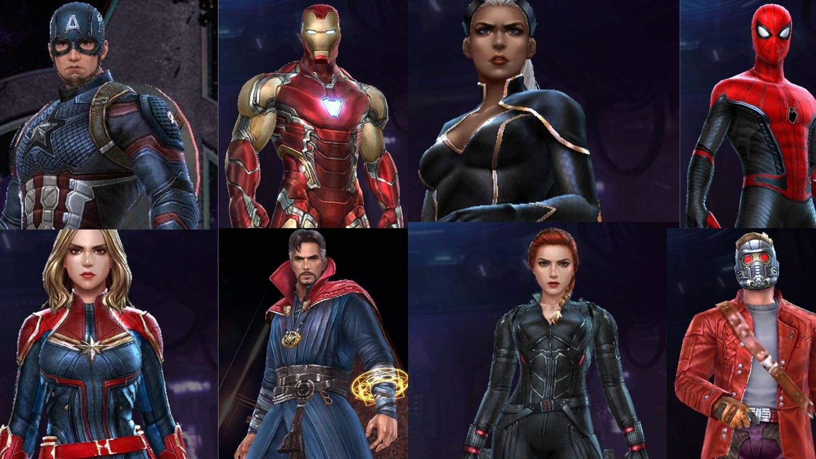 Split image of Captain America, Storm, Black Widow, Iron Man, Captain Marvel, Spider-Man, Doctor Strange, and Star-Lord's character models from Marvel Future Revolution. 