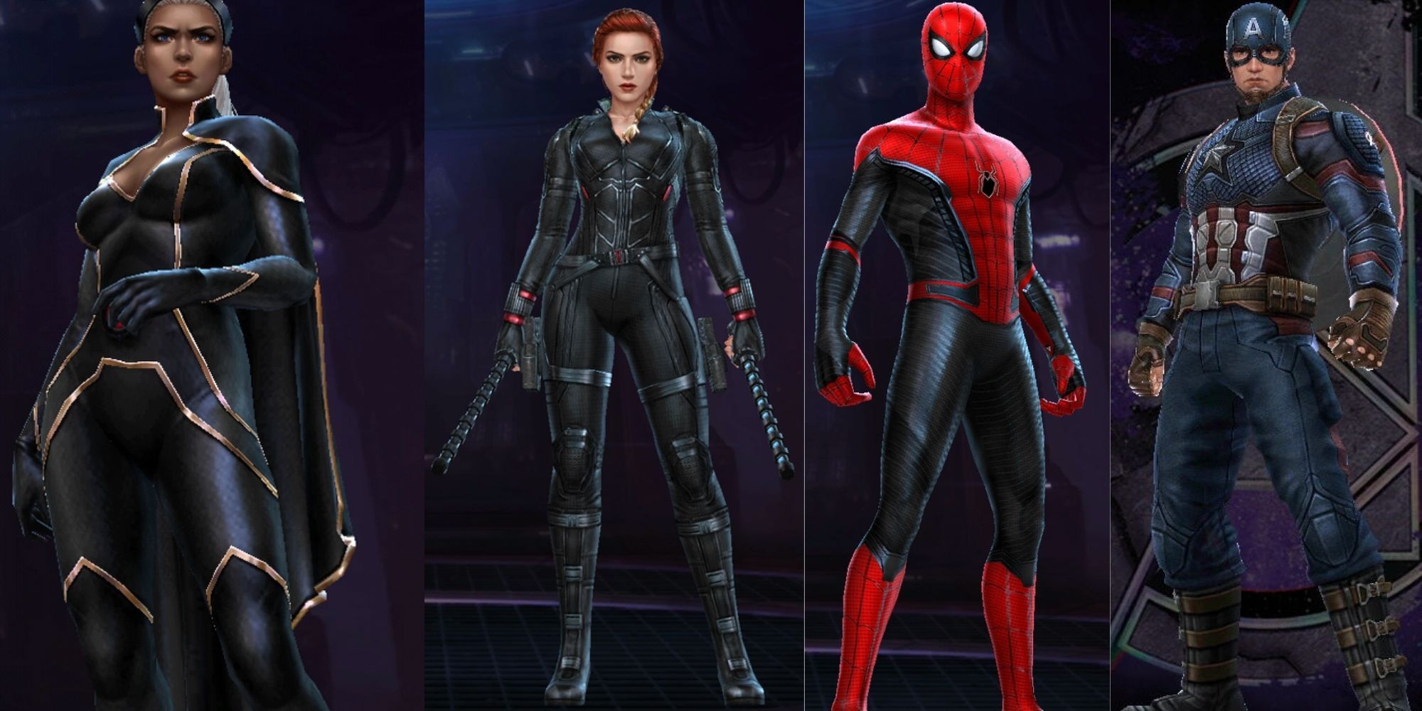 Split image of Storm, Black Widow, Spider-Man, and Captain America character models from Marvel Future Revolution.