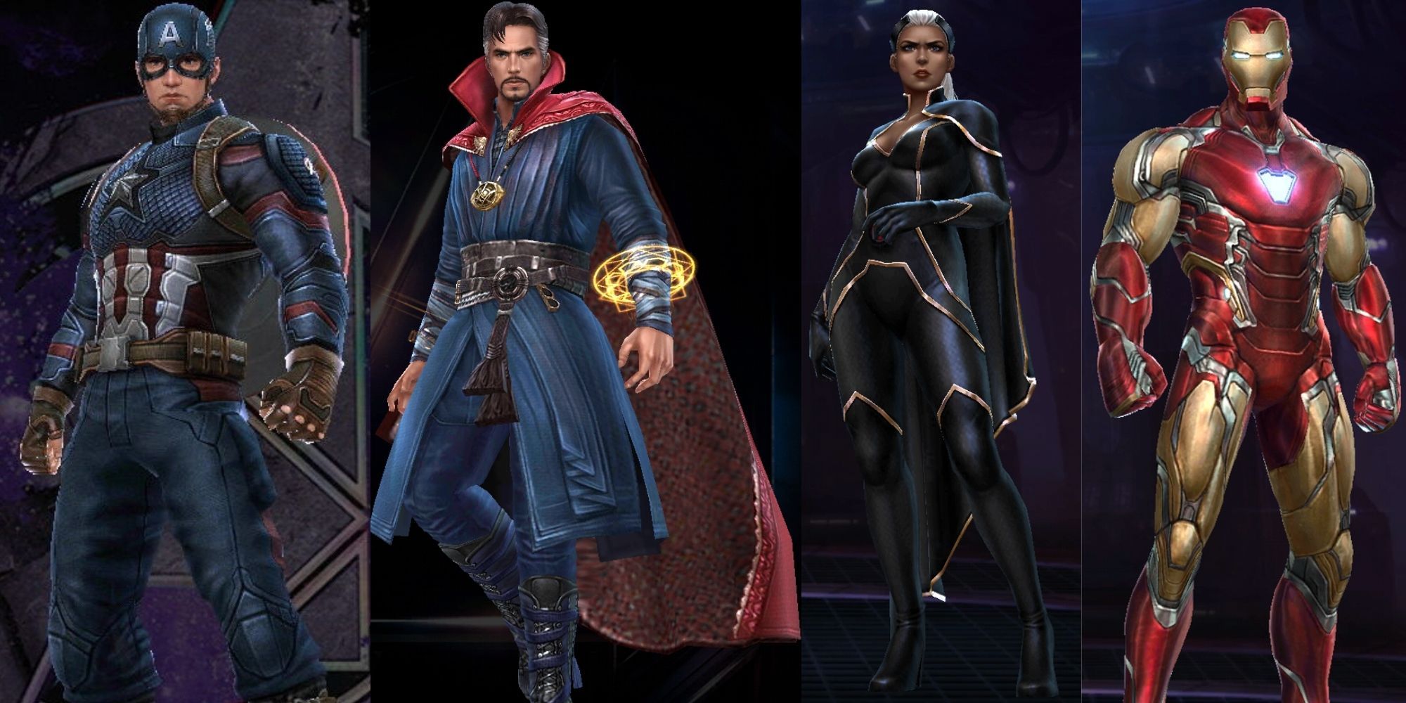 Split image of Captain America, Doctor Strange, Storm, and iron Man character models from Marvel Future Revolution.