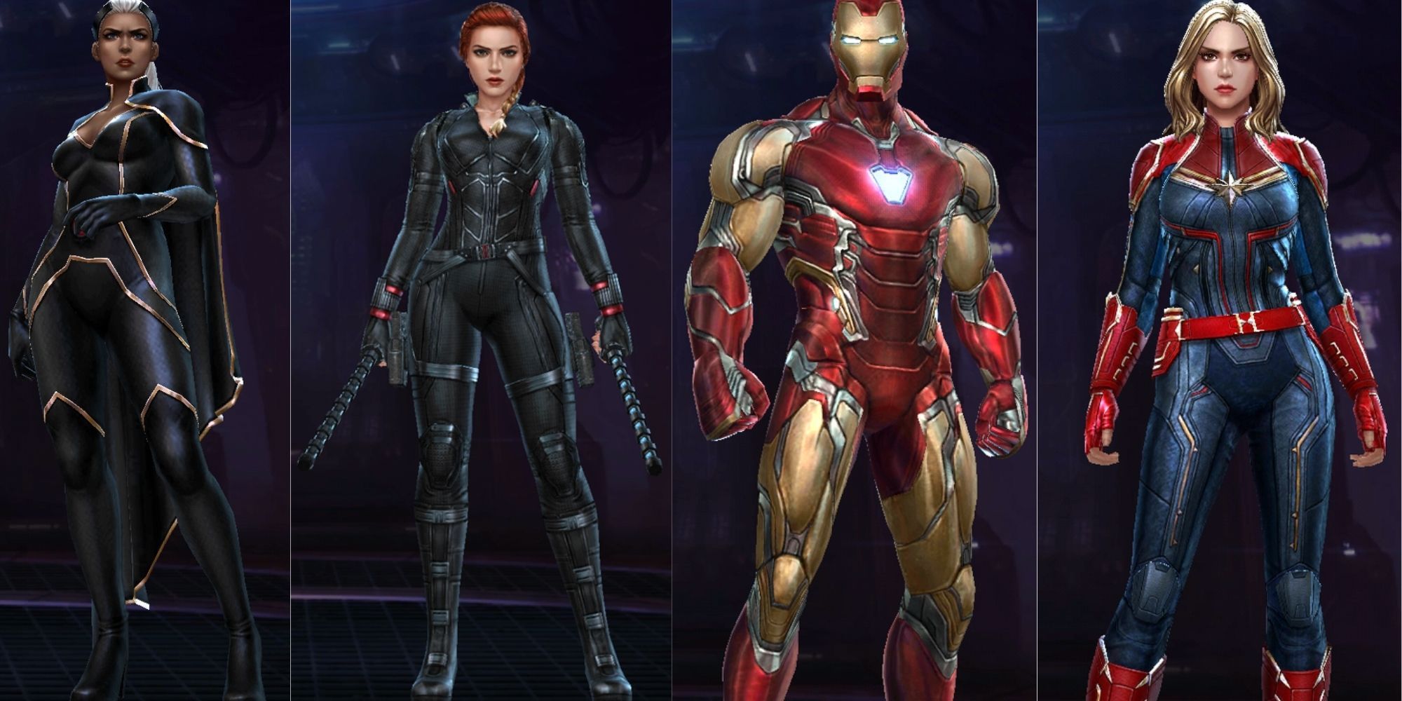 Split image of Storm, Black Widow, Iron Man, and Captain Marvel's character models from Marvel Future Revolution.