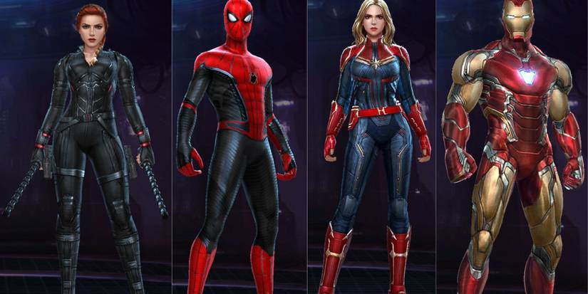 Split image of Black Widow, Spider-Man, Captain Marvel, and Iron Man character models of Marvel Future Revolution.