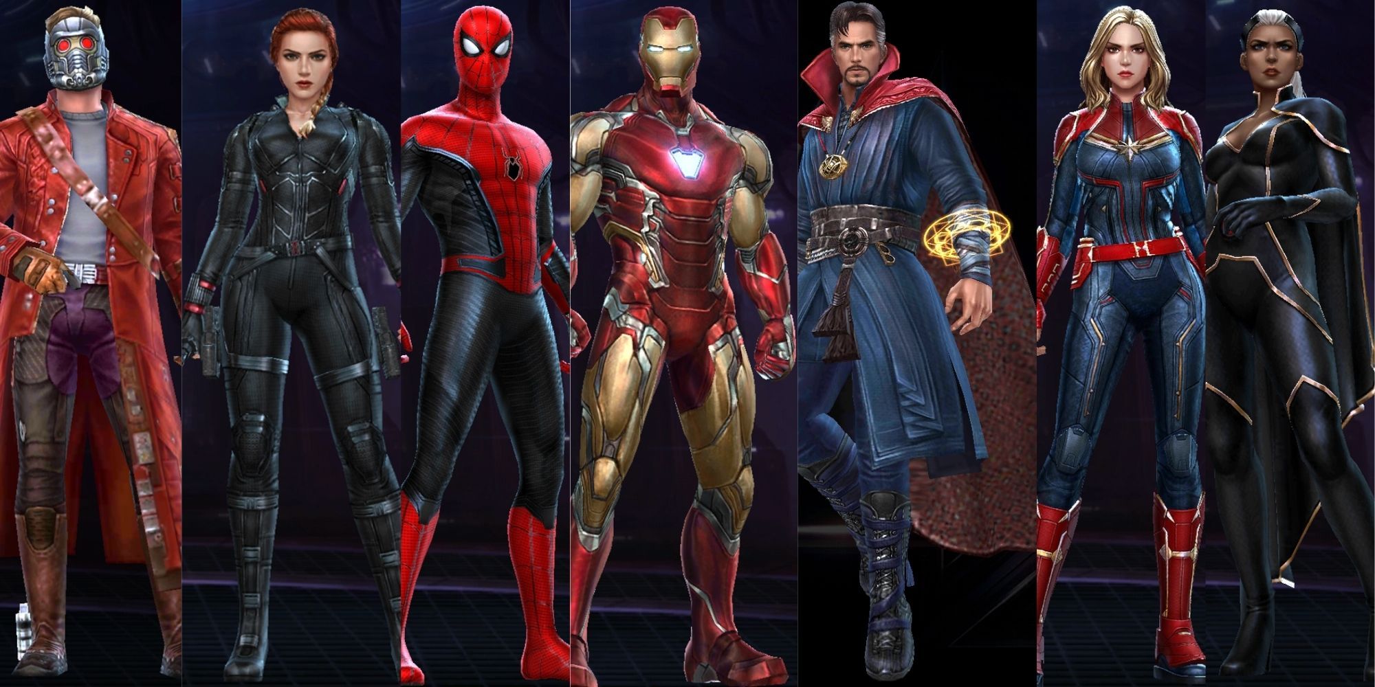 Split images of characters from Marvel Future Revolution, showing Star-Lord, Black Widow, Spider-Man, Iron Man, Doctor Strange, Captain Marvel, and Storm.