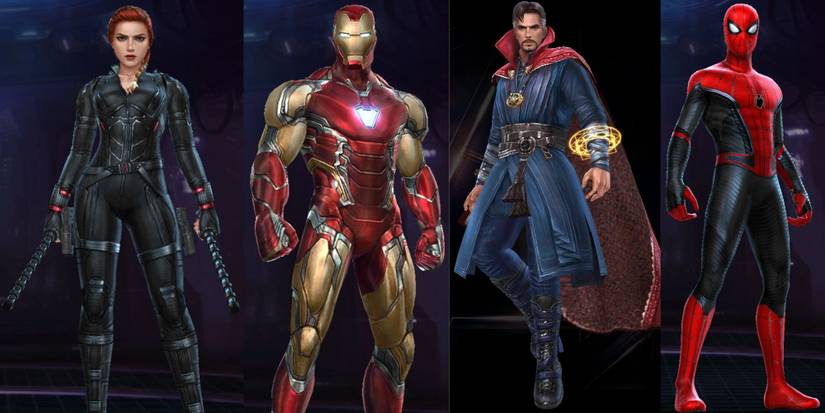 Split image of Black Widow, Iron Man, Doctor Strange, and Spider-Man character models from Marvel Future Revolution.
