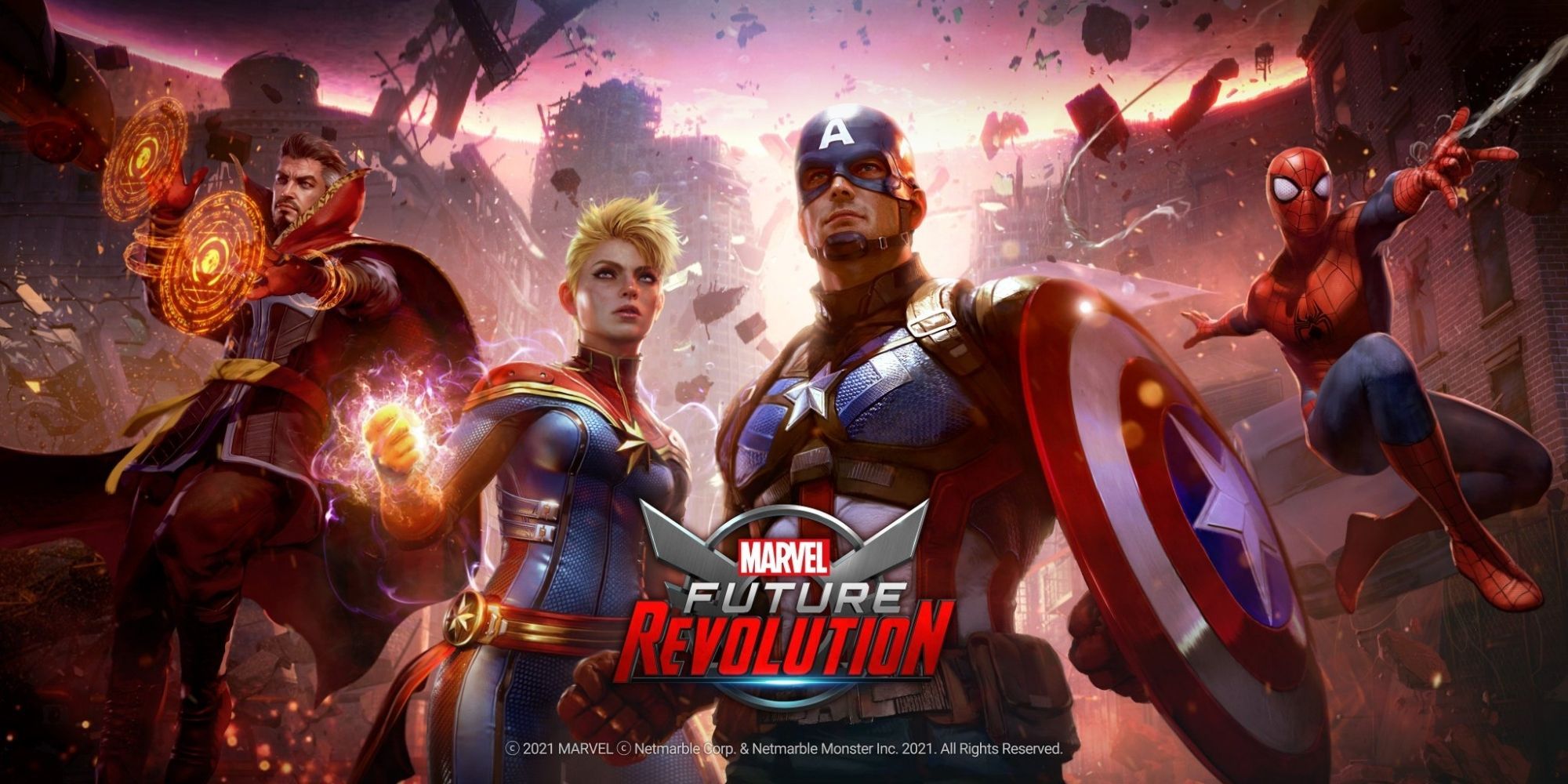 Character stills of Doctor Strange, Captain Marvel, Captain America, and Spider-Man from the Marvel Future Revolution game.