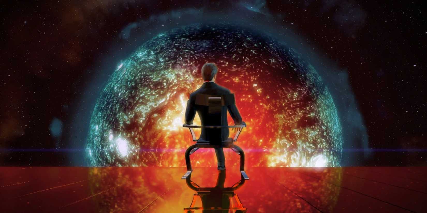 mass effect 2 illusive man in his chair watching the sun