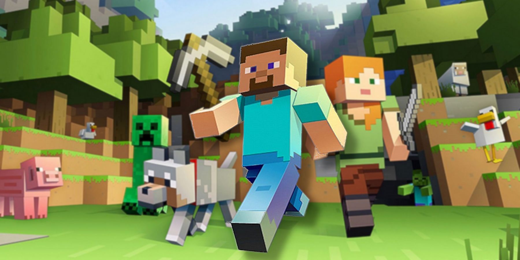Image from Minecraft showing numerous characters and mobs in the foreground with a forest in the background.