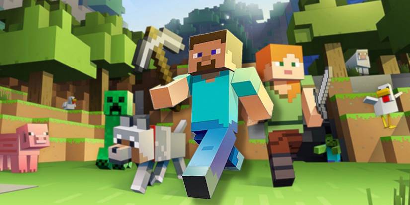 Image from Minecraft showing numerous characters and mobs in the foreground with a forest in the background.