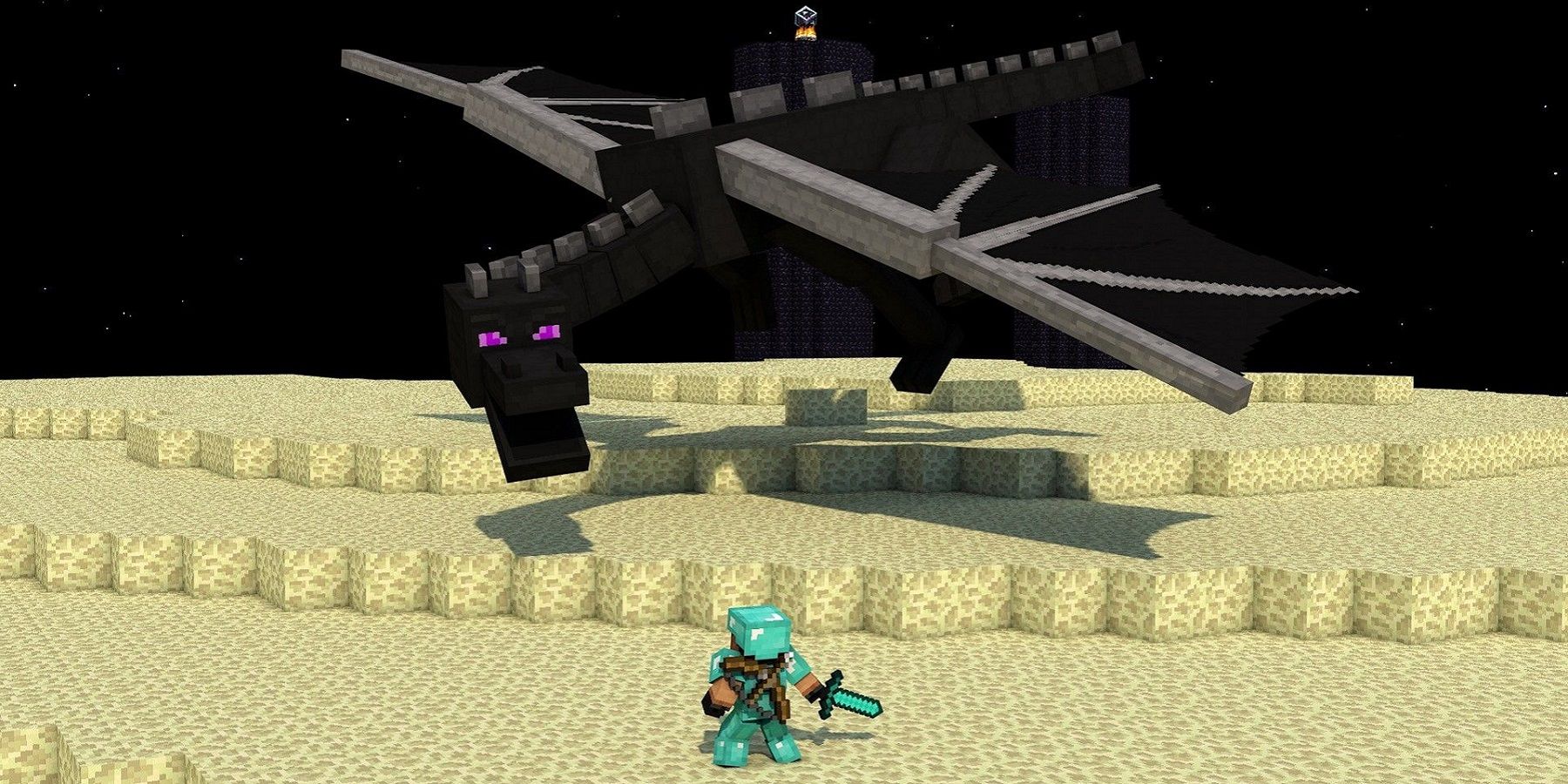 Screenshot from Minecraft showing the Ender Dragon flying over the player.