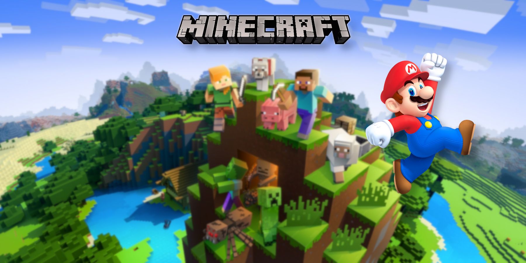 Image showing the main Minecraft characters on top of a hill, with Mario jumping off to he side.