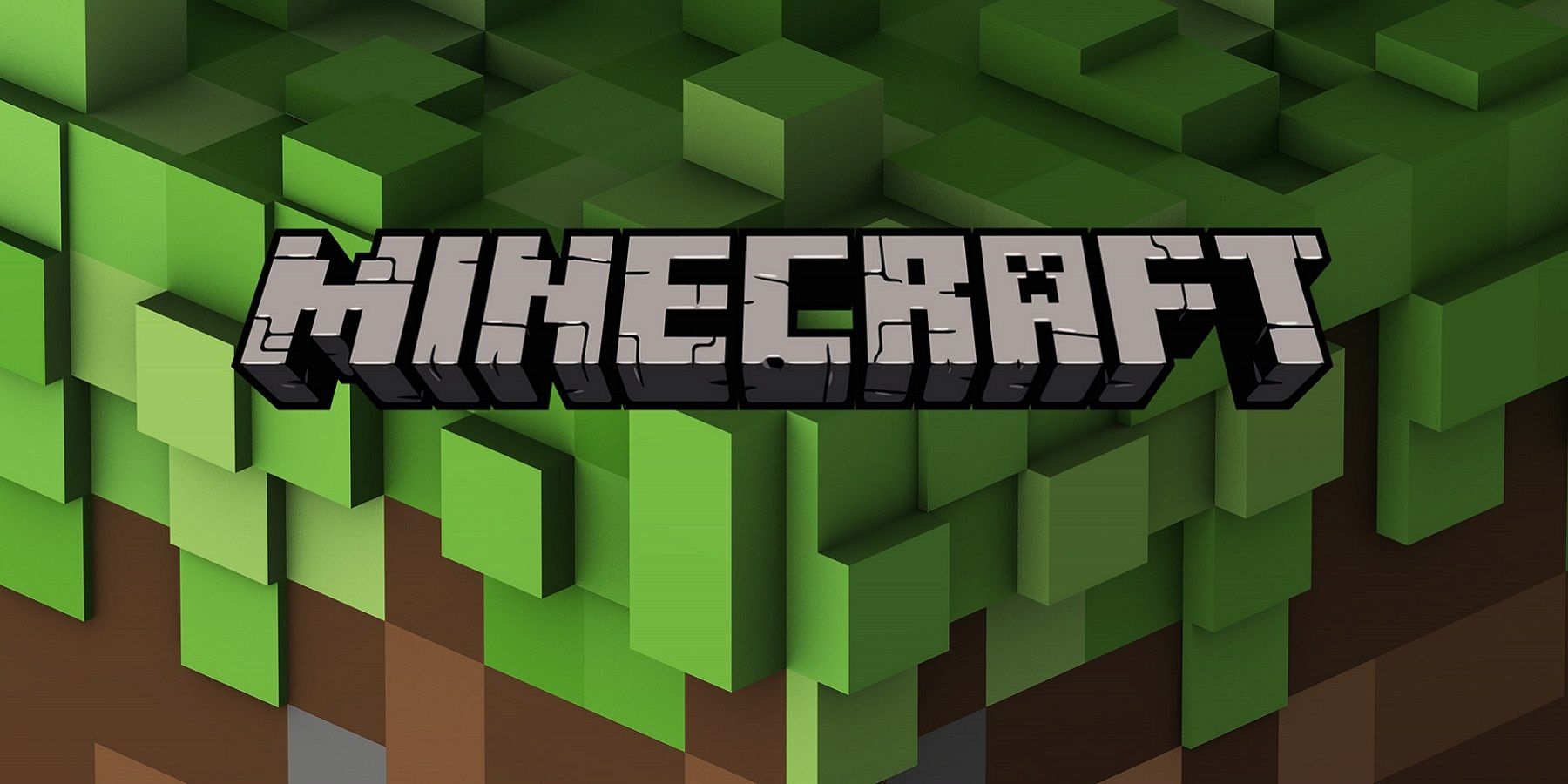 The Minecraft logo with a blocky green and brown piece of land in the background.