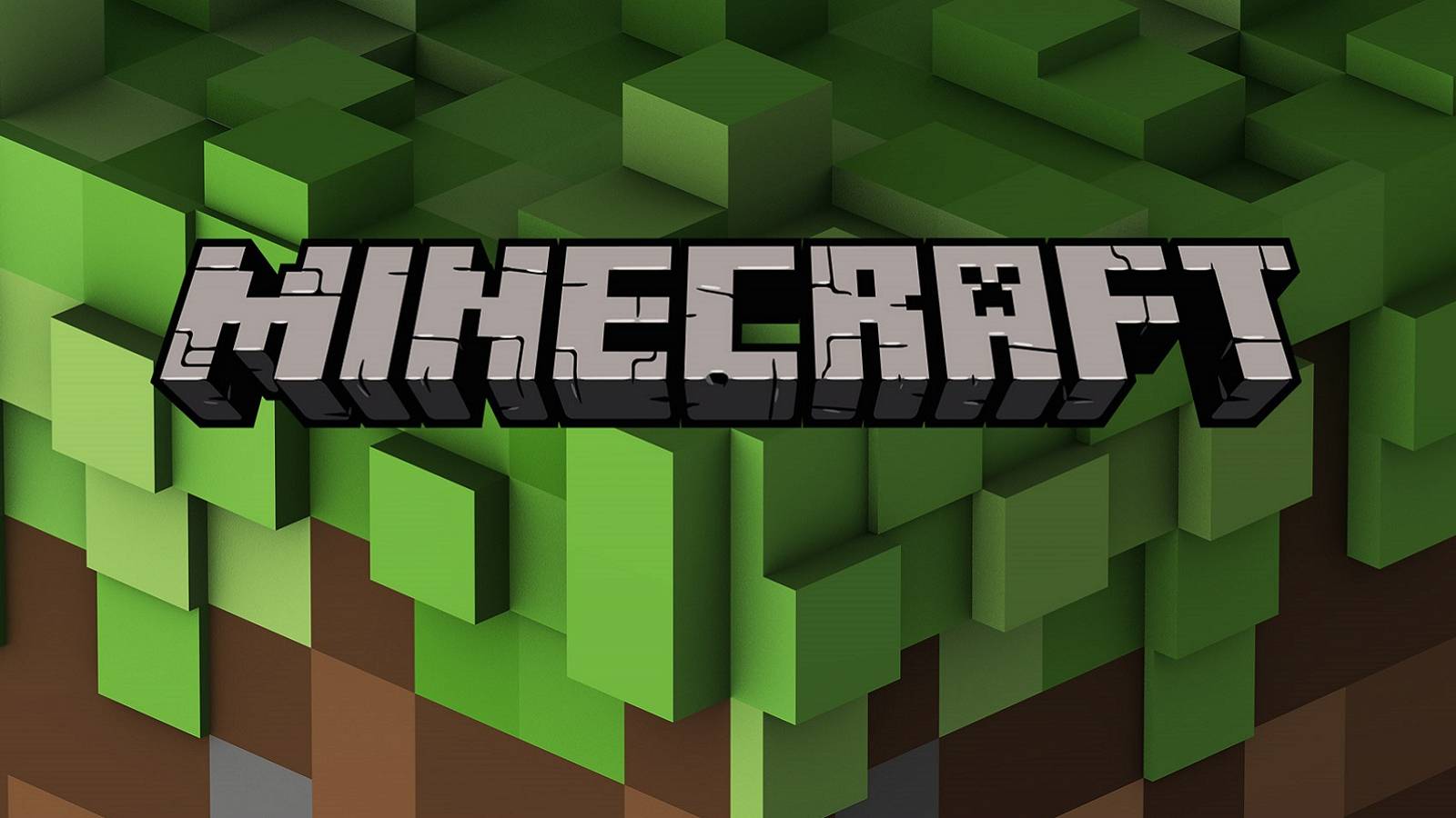 The Minecraft logo with a blocky green and brown piece of land in the background.