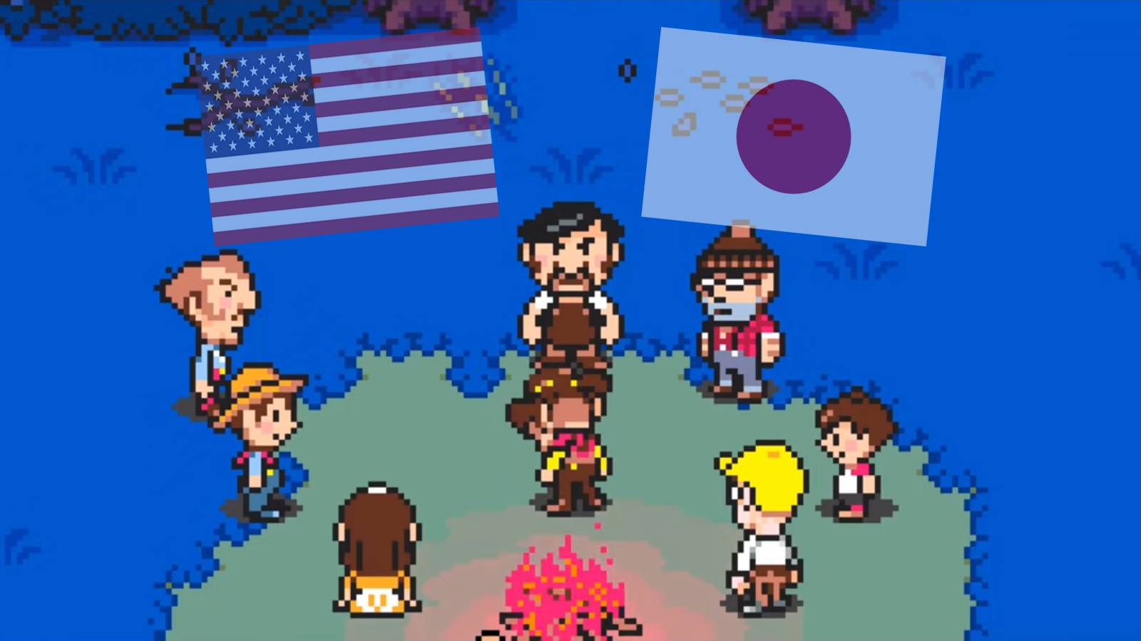 Characters in Mother 3 stand around a campfire with faded images of the U.S. and Japanese flags.