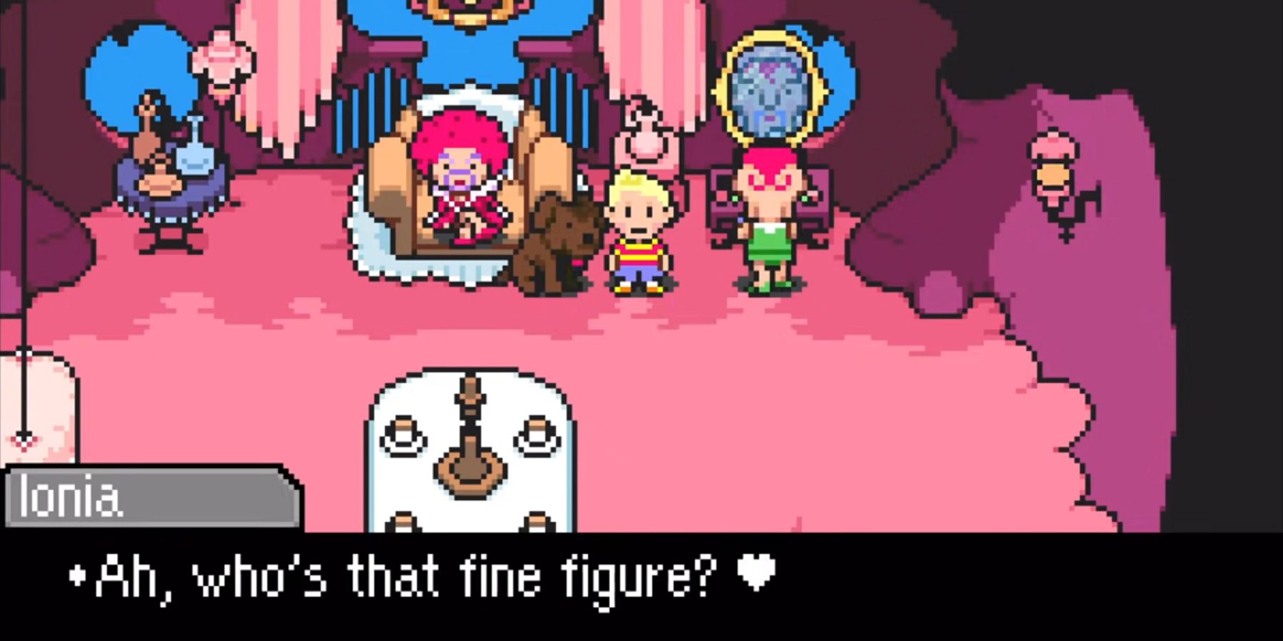 Ionia, a Magypsy from Mother 3, admires their reflection as Lucas and Boney look on.