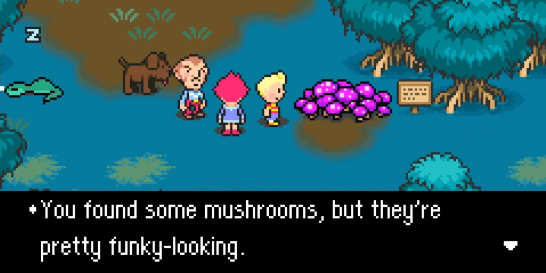 Lucas and the rest of the Mother 3 gang stumble upon funky-looking mushrooms in a forest.