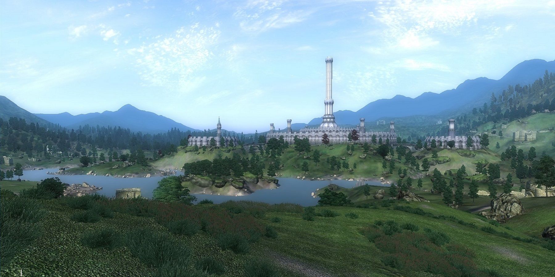 A wide-angle screenshot from Oblivion showing the Imperial City in the far distance.