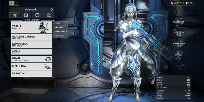 yareli's general menu in warframe