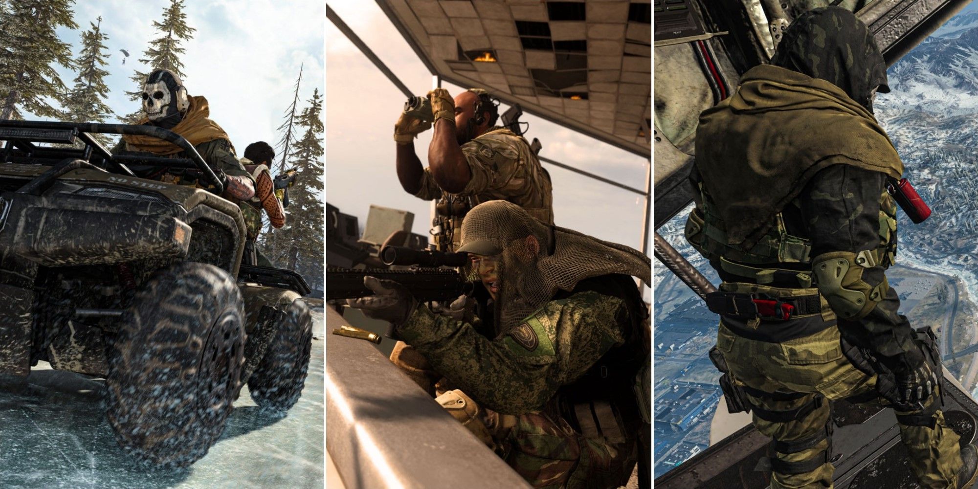 operators on a quad, on a lookout tower, and on an airplane ramp in Call Of Duty Warzone