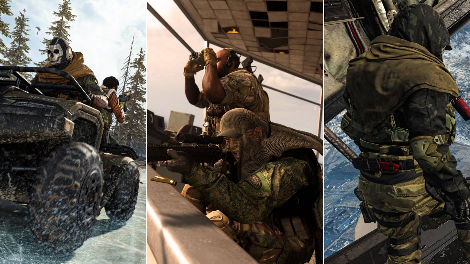 operators on a quad, on a lookout tower, and on an airplane ramp in Call Of Duty Warzone