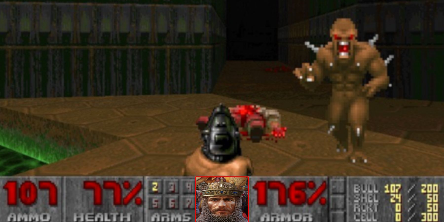 Скриншот из оригинального Doom, показывающий, как игрок стреляет в беса с помощью Doom Guy.