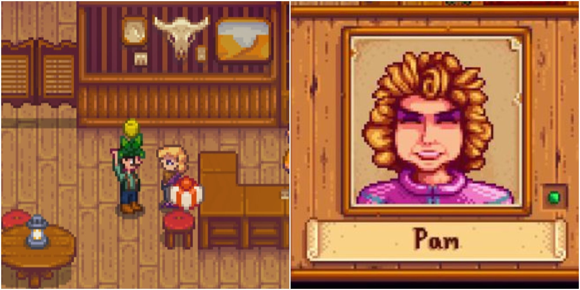 left: player giving pam a gift; right: Pam's smiling portrait