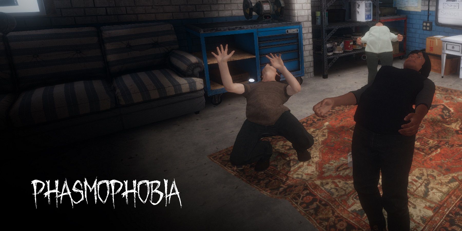 An image from Phasmophobia showing two players looking up with the game's logo in the left corner.