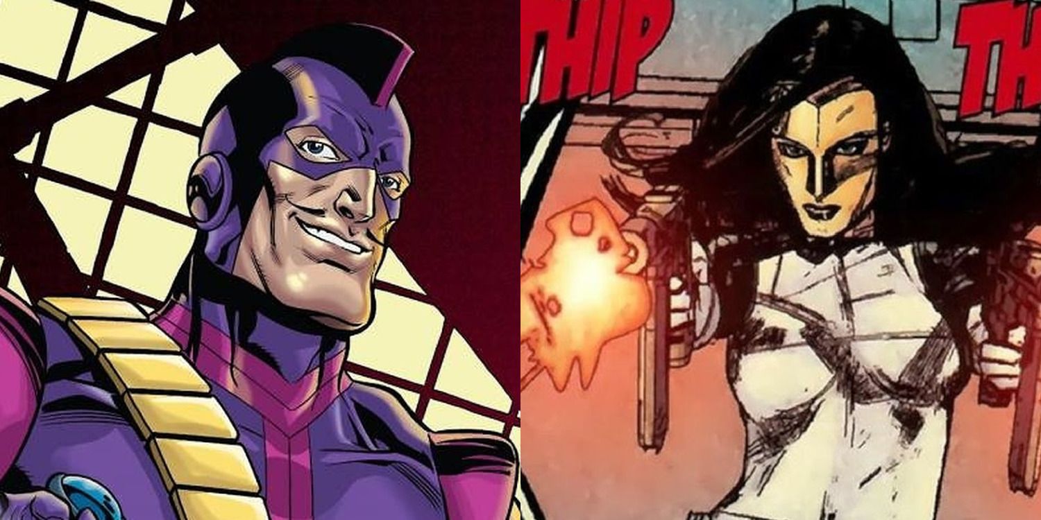 Hawkeye villains split image Swordsman holds a sword and Madame Masque fires a gun