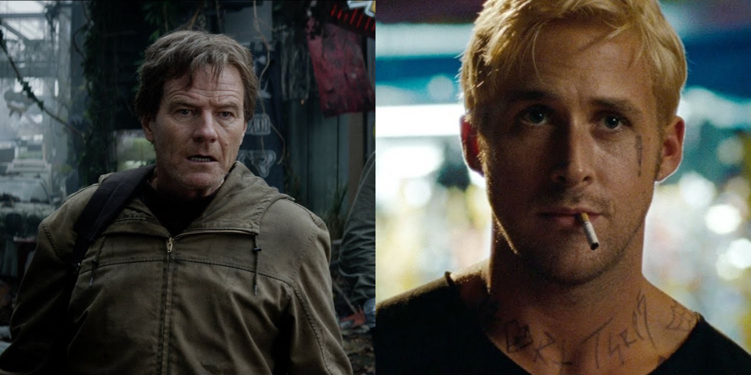 Left: Bryan Cranston in Godzilla; Right: Ryan Gosling in The Place Beyond the Pines