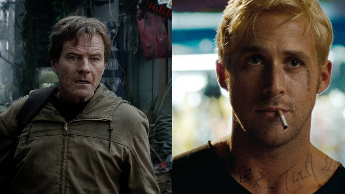 Left: Bryan Cranston in Godzilla; Right: Ryan Gosling in The Place Beyond the Pines