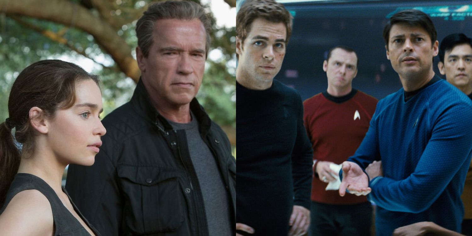 Sci-fi film feature split image Terminator: Genisys (2015) and Star Trek (2009)