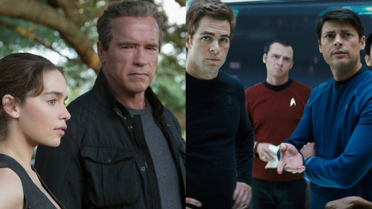 Sci-fi film feature split image Terminator: Genisys (2015) and Star Trek (2009)