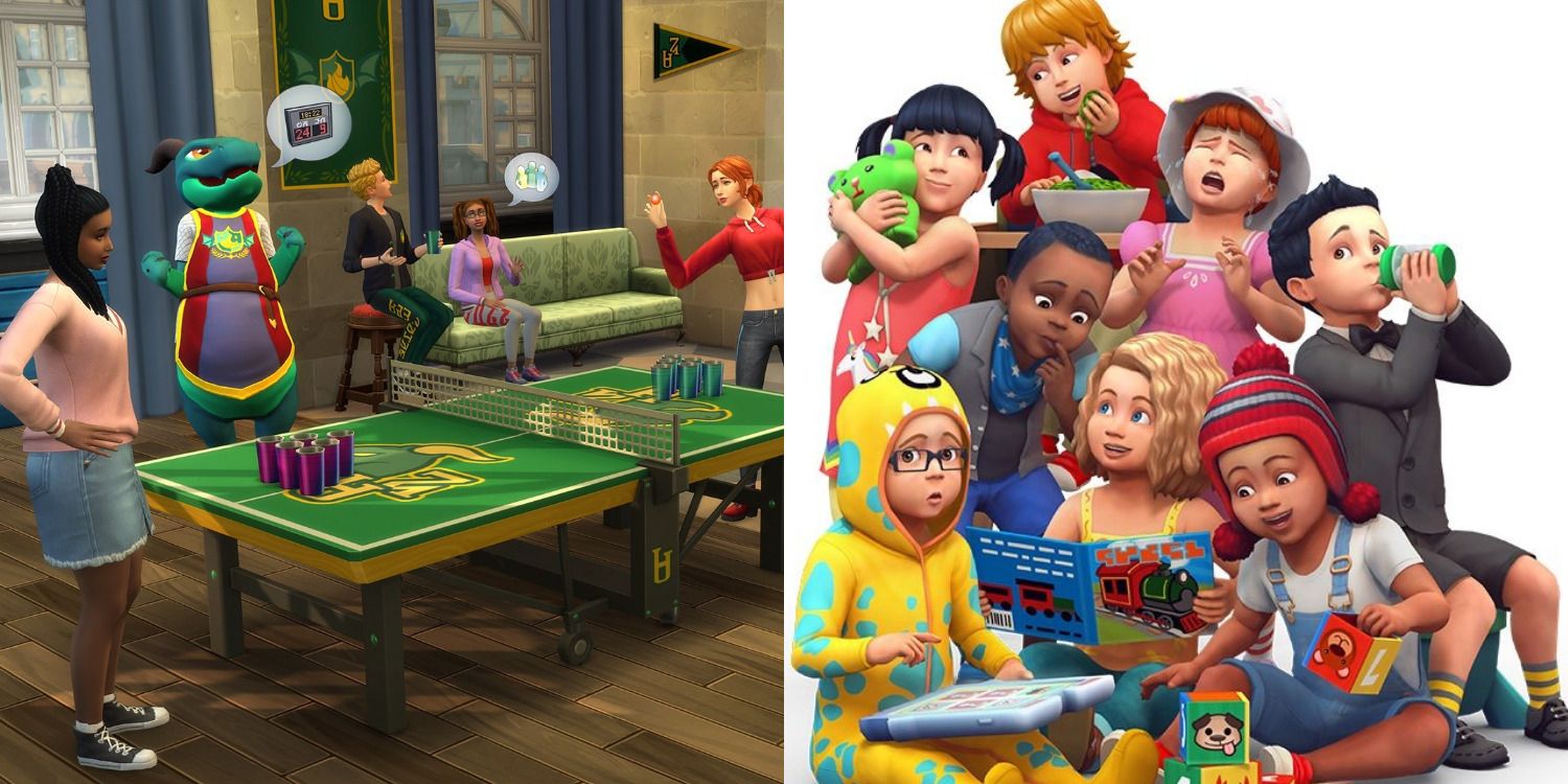 The Sims 4 lot traits feature split image university and toddlers
