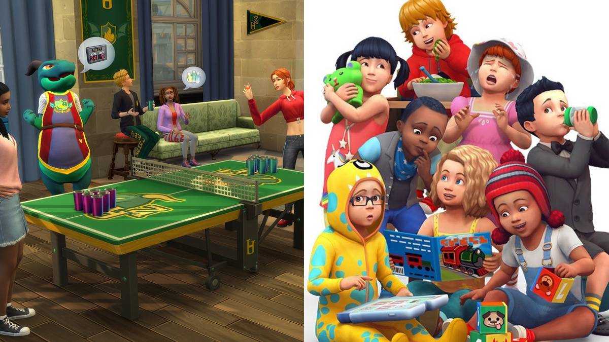 The Sims 4 lot traits feature split image university and toddlers